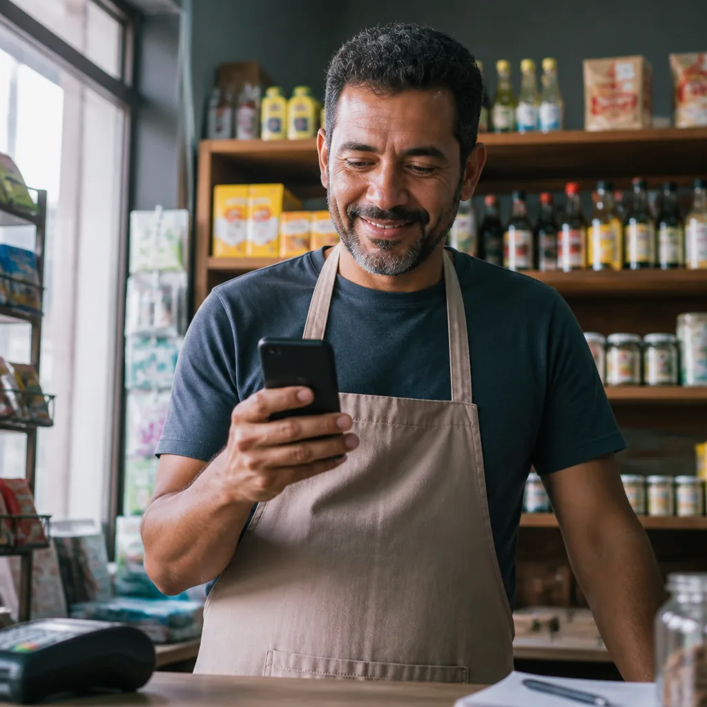 Dono de pequeno comércio olhando o celular, satisfeito com o atendimento automatizado.