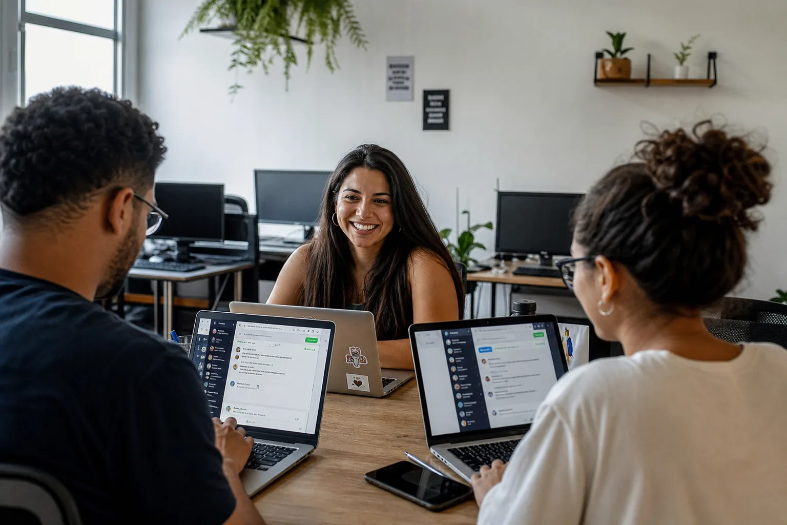 Pequena equipe de atendimento trabalhando em um coworking, com telas de conversas visíveis.
